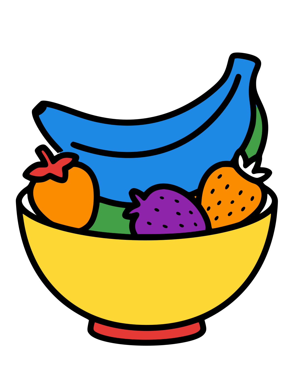 Line drawing of a bowl containing a bunch of bananas and three strawberries with seeds and green tops