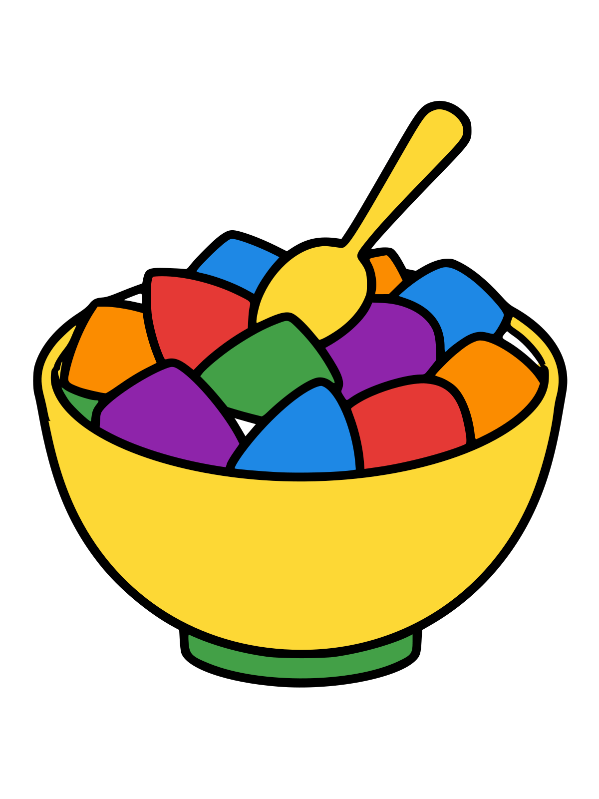 Line drawing of a bowl filled with chopped pieces of fruit with a spoon sticking out of the top