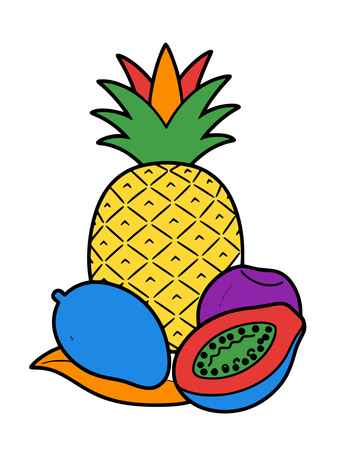 Line drawing of a pineapple with a leafy crown, a mango and a cut papaya with seeds lying on a big leaf