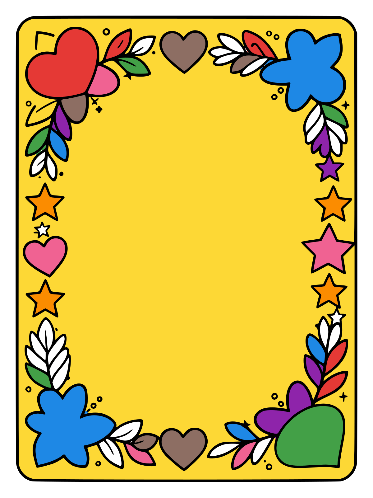 A card shaped page with a border of leaves, hearts and stars around a blank centre