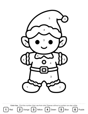 Line drawing of a smiling gingerbread elf with white icing hair, a pointed hat with a jingling bell, a belt with a square buckle, and scalloped feet.