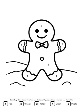 Black-and-white line drawing of a smiling gingerbread man with round eyes, a curved smile, and a button on his belly, standing on a wavy snow line with two small snowflakes falling nearby.