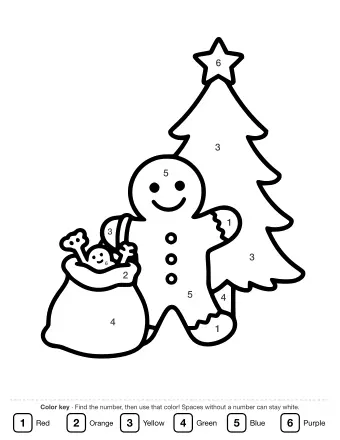 Black-and-white line drawing of a smiling gingerbread man wearing a striped scarf and holding a sack of toys, standing next to a decorated Christmas tree topped with a star.