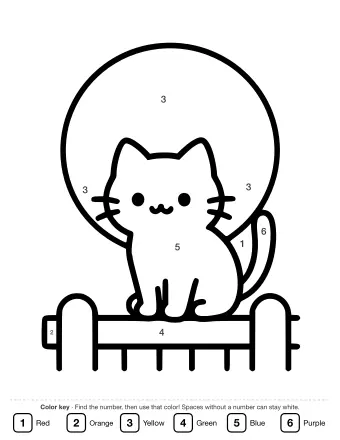 A black cat sitting on a wooden fence with a large full moon behind it, shown in a simple black-and-white line drawing.