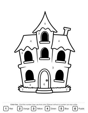 Black and white line drawing of a crooked, three-story haunted house with a pointed roof, a chimney, and dark arched windows.