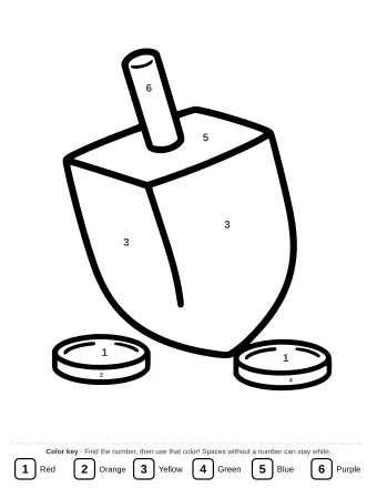 Line art of a Hanukkah dreidel and gelt coins for coloring