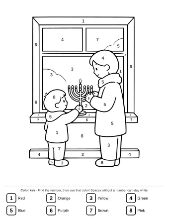 A touching scene of two people lighting the candles of a menorah on a windowsill at night.