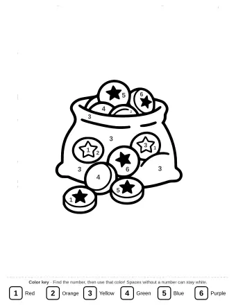 A fabric pouch with many round coins decorated with stars falling onto a surface.