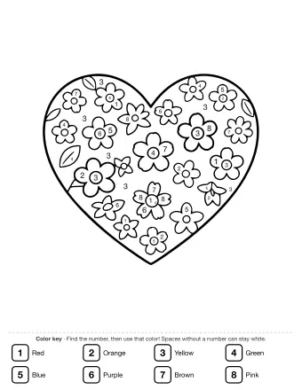 Black-and-white line drawing of a large heart shape filled with small five-petal flowers and scattered leaves, designed as a colouring page.