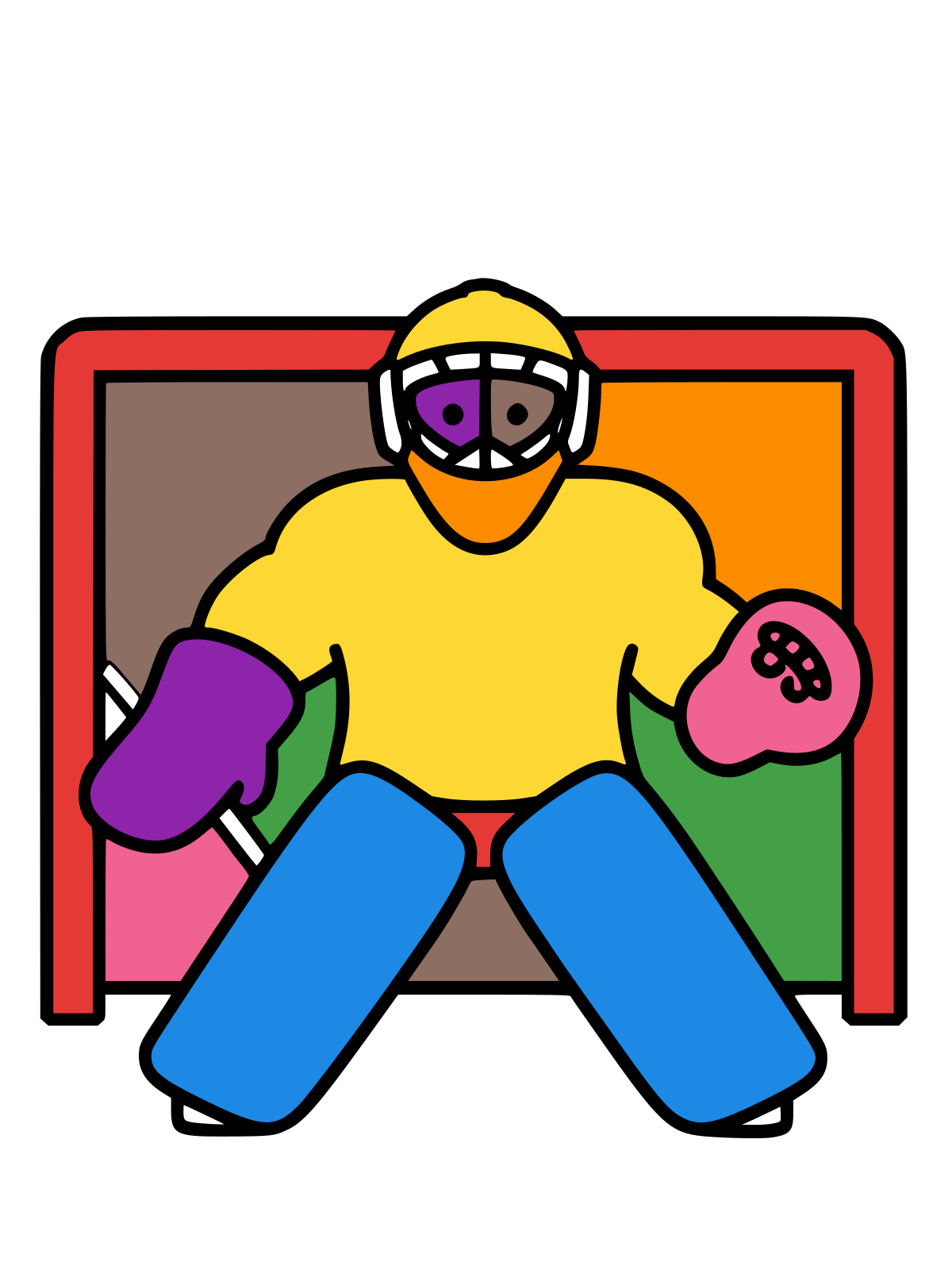 Hockey goalie in a face mask with big leg pads and a blocker glove standing in front of a net