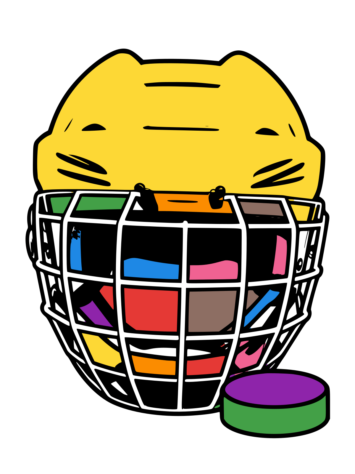 Outline drawing of an ice hockey helmet with a metal face cage and a hockey puck resting at its side