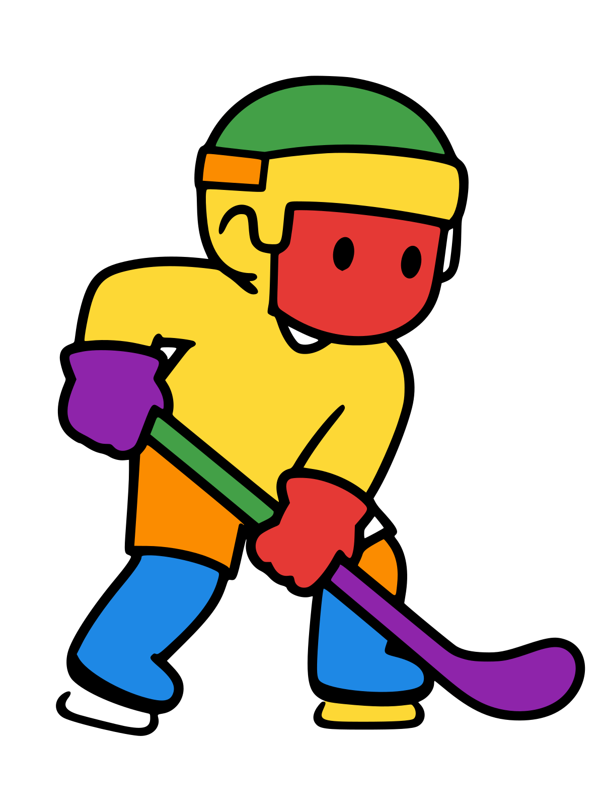 Cartoon hockey player in a helmet and jersey skating with a stick held low