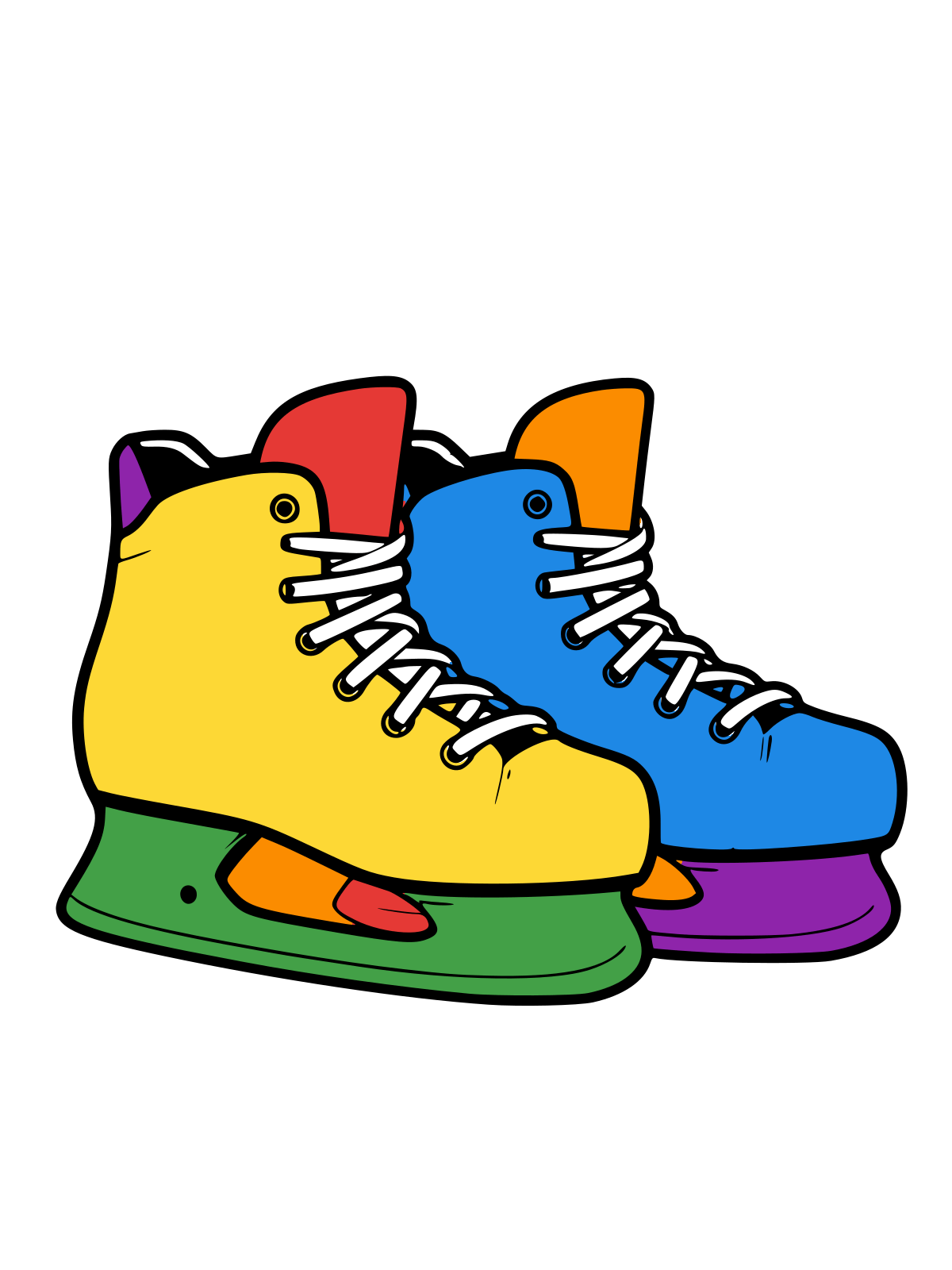 A pair of hockey skates seen from the side with crossed laces and silver blades