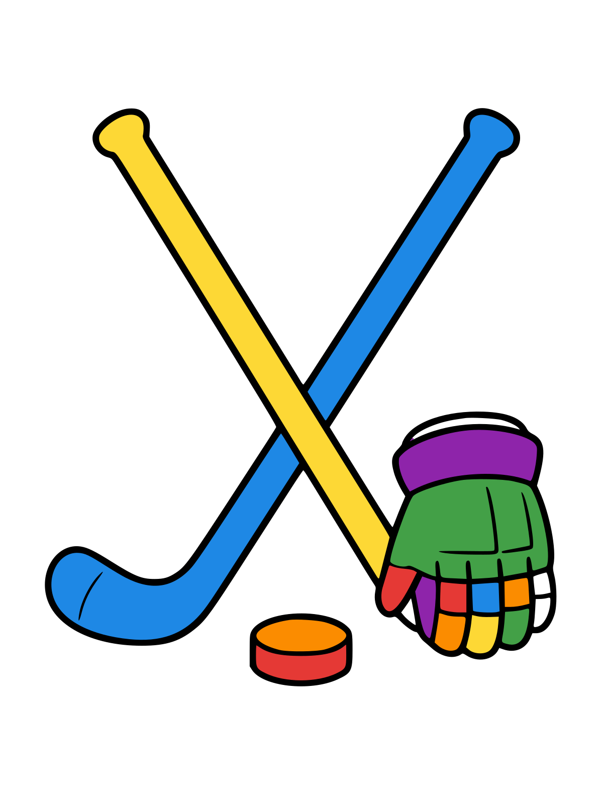 Two crossed hockey sticks with a round puck and a hockey glove beside them