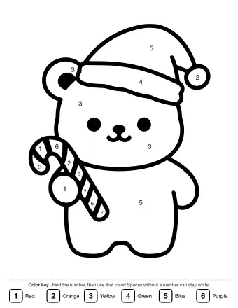 A simple black-and-white line drawing of a round cartoon bear wearing a Santa hat and holding a candy cane, with a smiling face and two small paws.