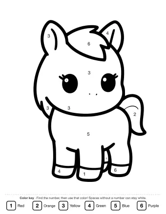 Black-and-white line drawing of a cartoon horse with large round eyes, small ears, a short mane, and a curly tail, standing on four legs.
