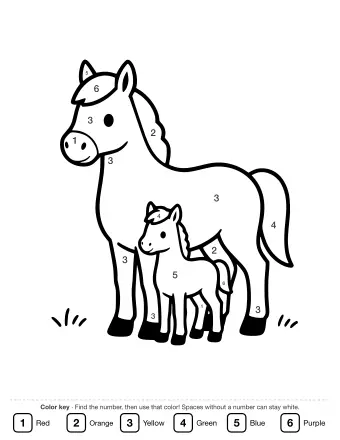 Black-and-white line drawing of a large horse standing next to a small foal, with simple grass tufts on the ground.
