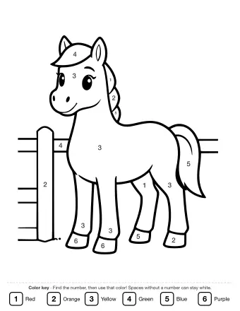 Line drawing of a horse standing inside a stable, with its head turned to the side, a small hat on its head, and a wooden fence visible on the left.