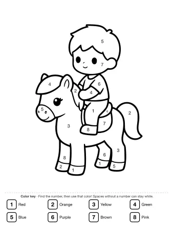 Black-and-white line drawing of a smiling child with short hair sitting on a small pony, holding the reins, with the pony's mane, tail, and hooves outlined for colouring.