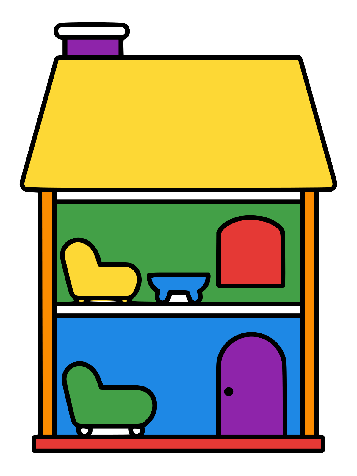 Line drawing of a dollhouse with the front open, showing two floors with armchairs, a table and a door