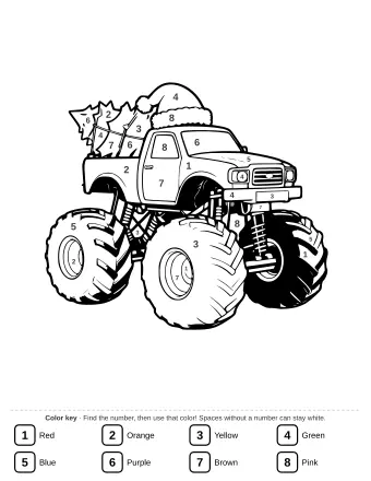 A monster truck with a large Santa hat on its cab and a Christmas tree in the pickup bed, driving on snowy ground.