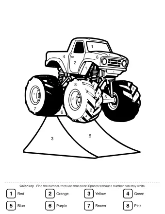 Black-and-white line drawing of a monster truck with oversized knobby tires mid-jump over a triangular ramp, shown in a dynamic side profile.