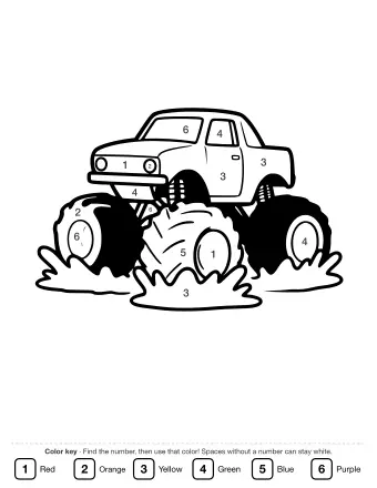 Black and white line drawing of a monster truck with oversized wheels driving through a large muddy puddle, sending splashes of mud flying on both sides.