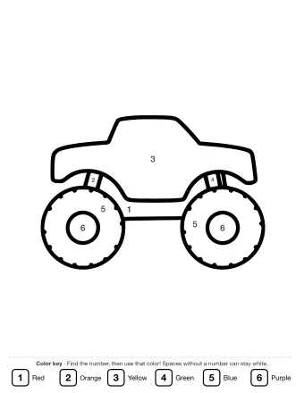 A simple black and white line drawing of a monster truck with a large cabin and two oversized wheels.