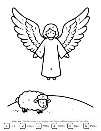 An angel with wide wings standing above a sleeping sheep on a hill.