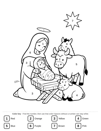 Line art of the Holy Family in the stable for coloring