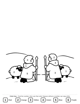A quiet scene of two shepherds with staffs and several fluffy sheep on a grassy hill.