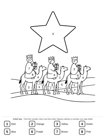 Three kings in robes and crowns on camels, traveling through a desert landscape under a large star.