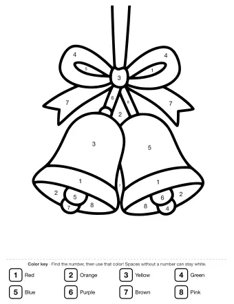 Black and white line drawing of a jingle bell ornament with a large ribbon bow tied around the top and a small loop for hanging.