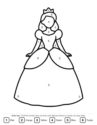 Line drawing of a princess wearing a tiara and a long ball gown with a wide skirt and puffed sleeves.
