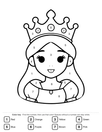 Black-and-white line drawing of a smiling princess with long wavy hair, wearing a large ornate crown with five points and round jewels, and a dress with a round neckline and a small heart at the collar.