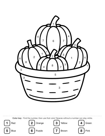Black-and-white line drawing of a woven basket filled with several small pumpkins of different sizes, each with a short stem.