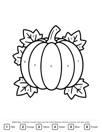 Black-and-white line drawing of a round pumpkin with vertical ridges, a short stem, and jagged leaves and vines surrounding it.