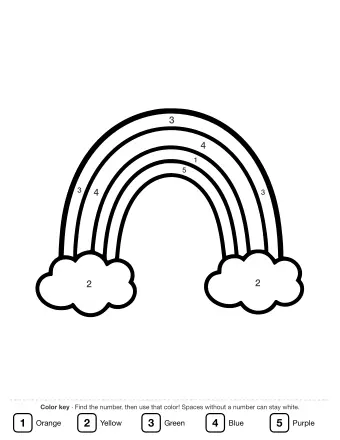 A simple line drawing of a seven-colour rainbow arc with two fluffy clouds at each end.