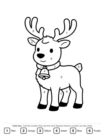 Line drawing of a friendly reindeer with large antlers, a smiling face, and a collar of jingle bells, standing on snow.