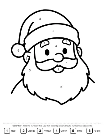 Black-and-white line drawing of a smiling Santa Claus wearing a hat, with a full beard, rosy cheeks, and a friendly face.