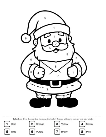 Black-and-white line drawing of a smiling Santa Claus in a red hat and coat, holding a small letter in his hands and looking down at it with a warm expression.