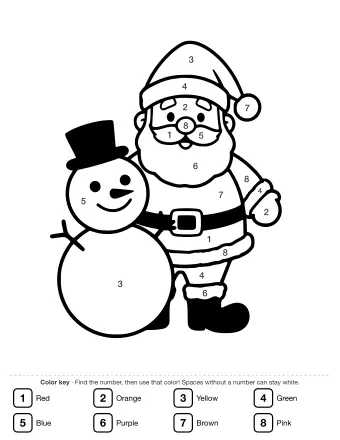 Black and white line drawing of Santa Claus in a hat and coat standing beside a snowman wearing a top hat and scarf.