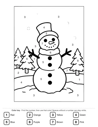 Black and white line drawing of a three-section snowman wearing a top hat and scarf, standing in a snowy landscape with pine trees and falling snowflakes.