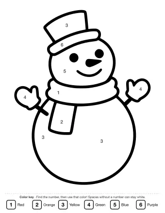 Black and white line drawing of a smiling snowman wearing a tall hat, a knitted scarf, and mittens, with two round body sections.