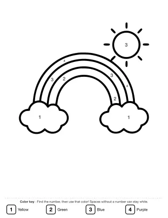 Black and white line drawing of a bright rainbow with three bands arching between two fluffy clouds, with a smiling sun in the upper right corner.