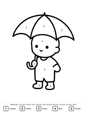 Black and white line drawing of a smiling child holding an open umbrella over their head, standing on a flat surface.