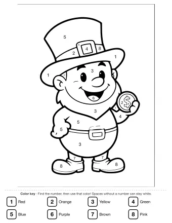 Line drawing of a smiling leprechaun wearing a tall green hat and holding a gold coin with a shamrock on it.