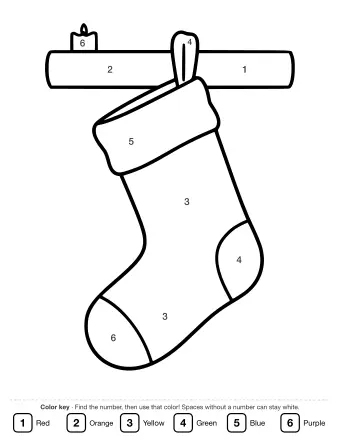 Black-and-white line drawing of a Christmas stocking hanging from a fireplace mantel with a lit candle on the left side.