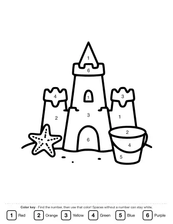 Line drawing of a three-tower sandcastle with a pointed top, a small bucket with a handle, and a five-pointed starfish on a sandy beach.