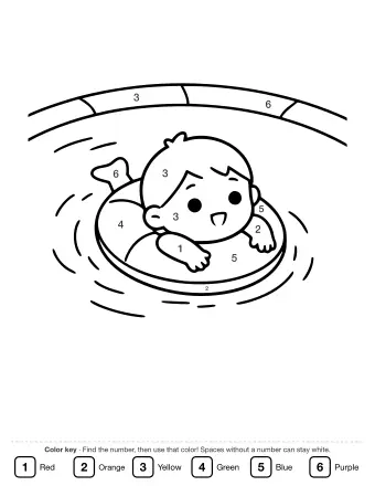 Black-and-white line drawing of a smiling child wearing a swim cap and goggles, floating on their back in a pool with a ring floatie around their waist.